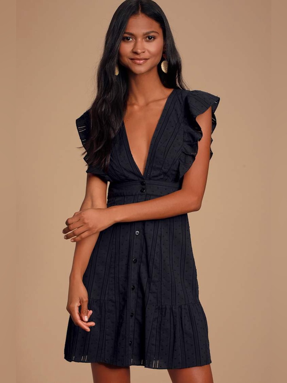 Lulus Daydreaming Of You Swiss Dot Mini Dress Black Ruffle Flutter Sleeve M